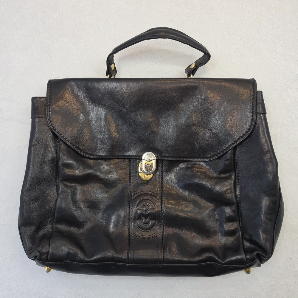Vintage Mariano Orlandi Black Genuine Leather Satchel Top Handle Bag Italy VTG